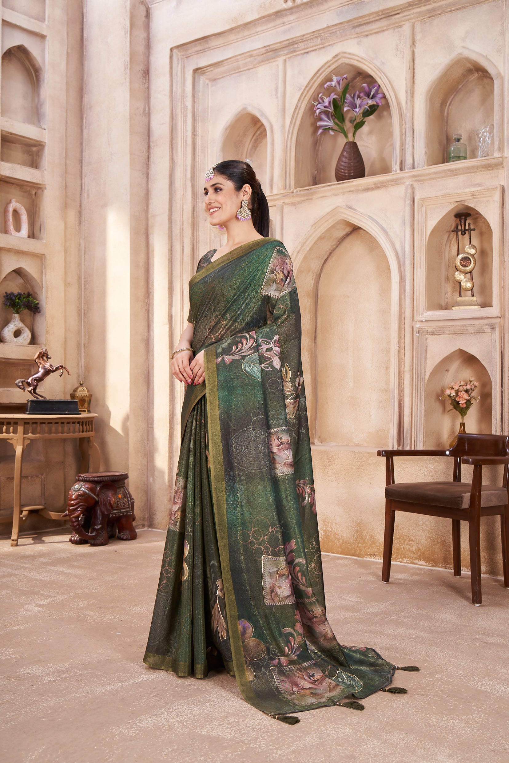Green Pure Silk Foil Outline Work DigitalPrint Saree